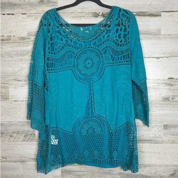 Adiva Teal Blue Crochet Boho Blouse womens Size 2X - New lightweight summer top - Picture 2 of 7